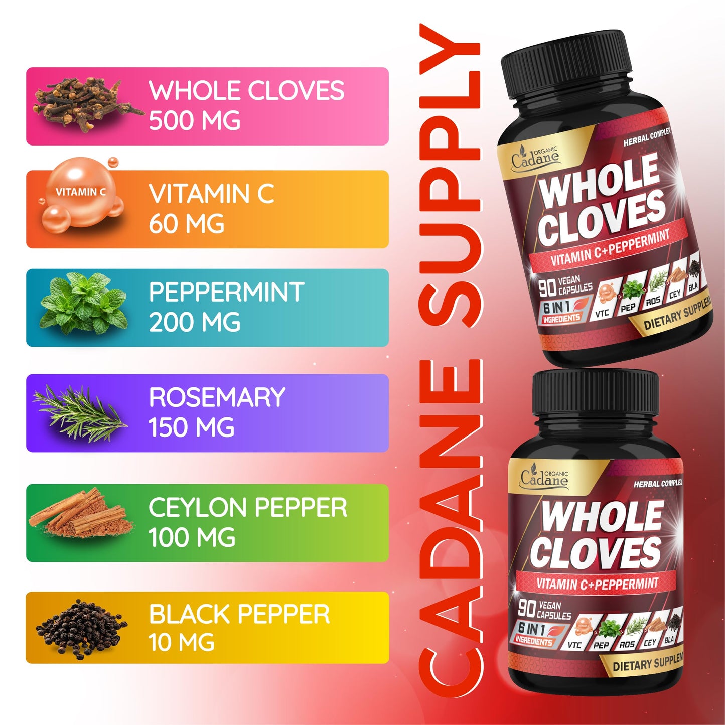 Organic Cadane 6in1 Whole Cloves Herbal Supplement Capsules 90 Count