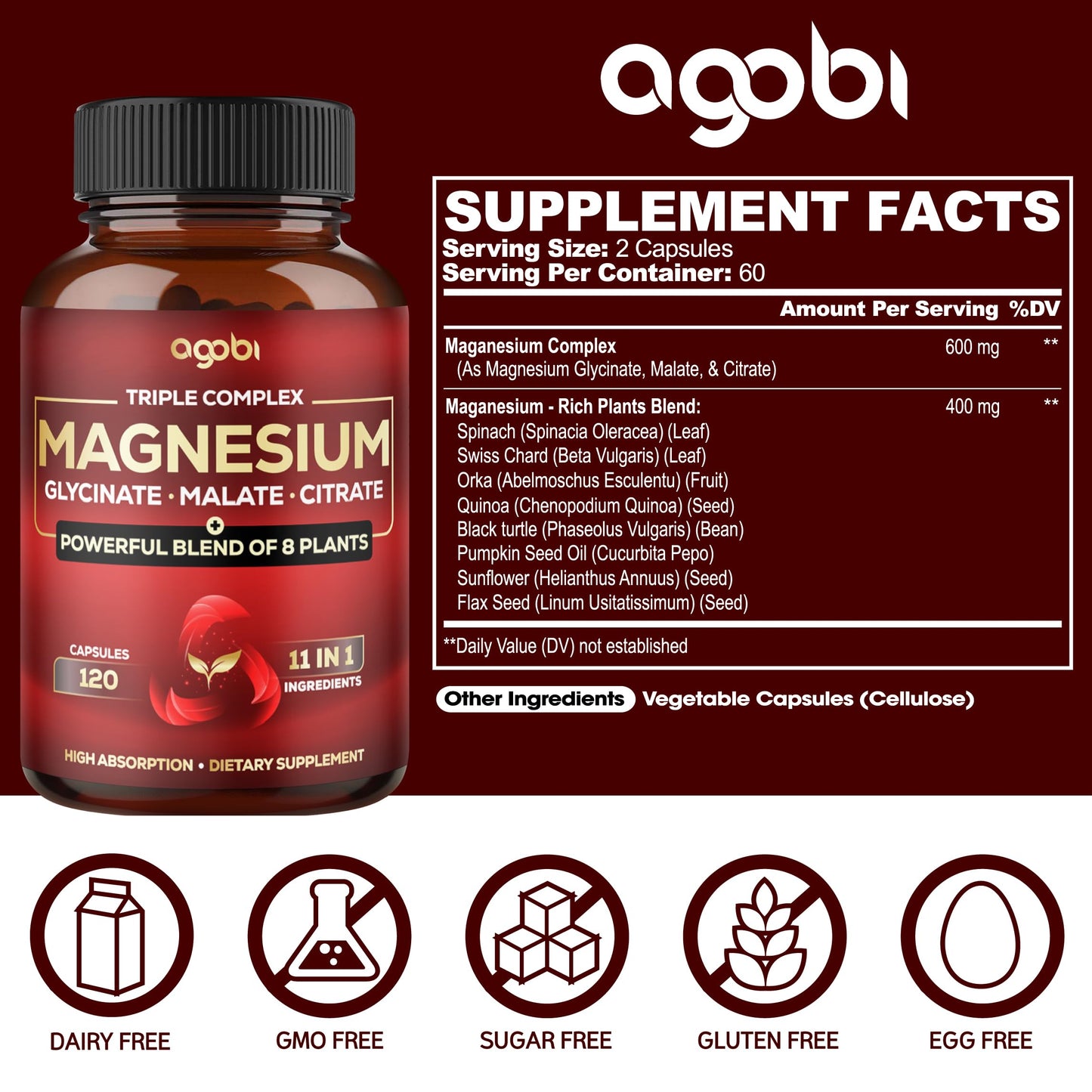 agobi Magnesium Triple Complex 600mg Magnesium Glycinate, Malate & Citrate - Added Spinach, Swiss Chard & Others - Support Calm, Restful Mood & Muscle Cramp 120 Capsules