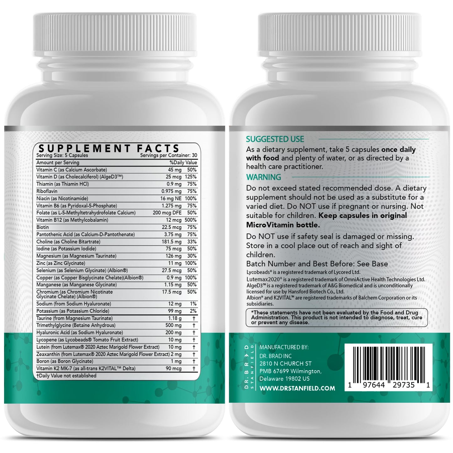 Dr Brad Stanfield MicroVitamin Methylated Multivitamin + Lutein/Zeaxanthin + D3/K2 Capsule 150
