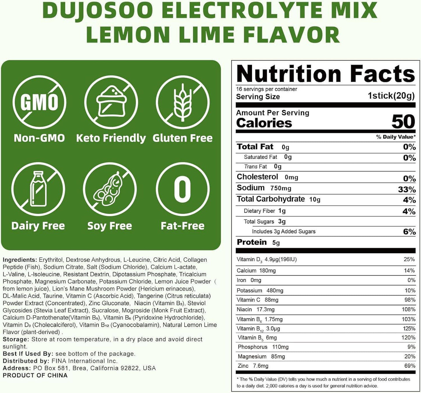 Dujosoo Electrolyte Powder Sugar Free Lemon Flavor 11.36 Ounces