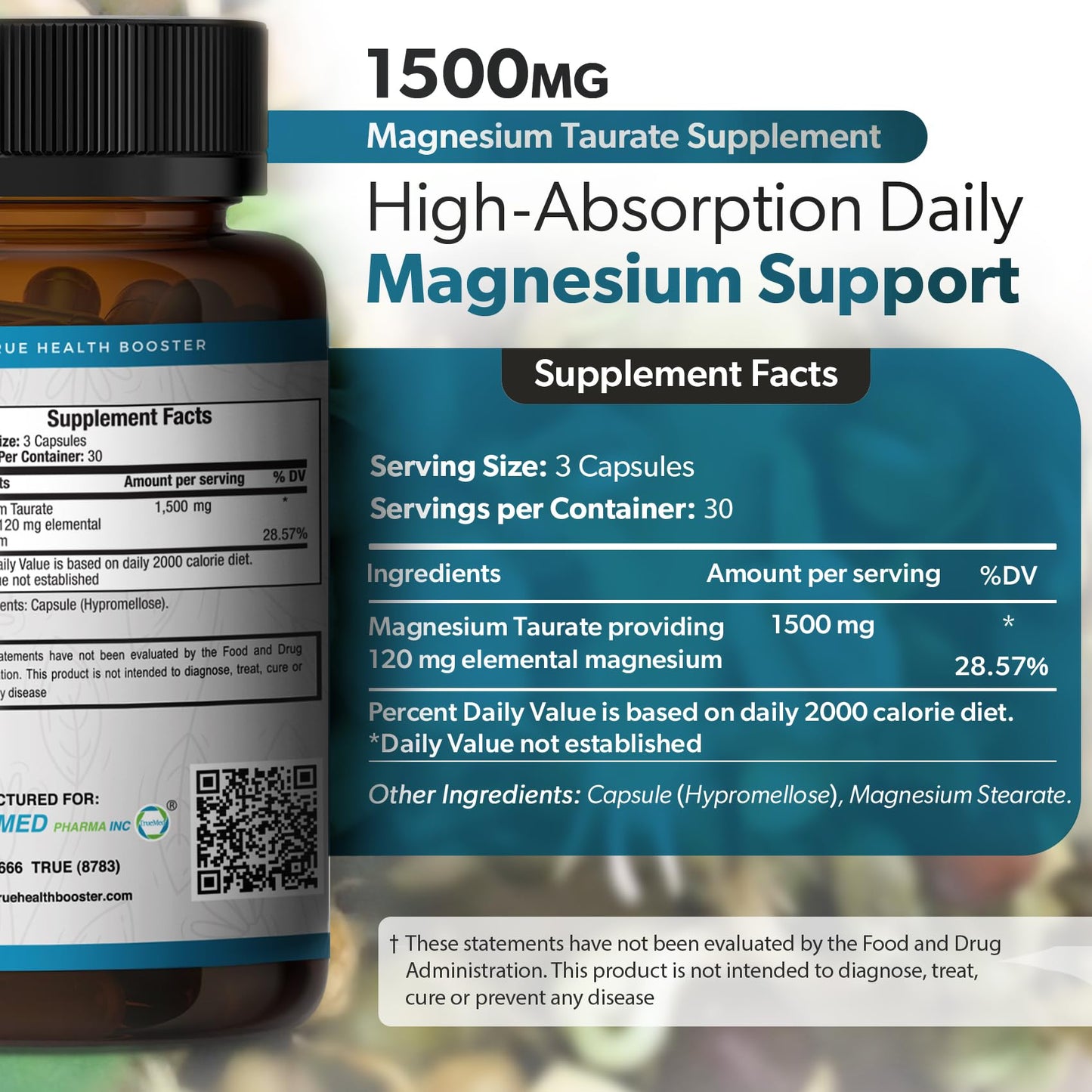 TRUEMED Magnesium Taurate 1500mg Capsules, 90 Count