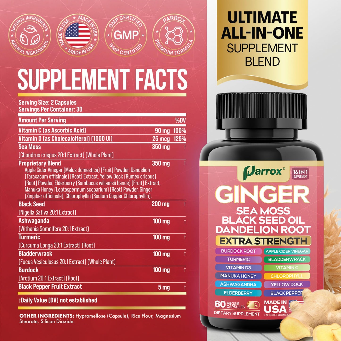Parrox Ginger Sea Moss Herbal Supplement, 16-in-1 Black Seed Oil & ACV Capsules, 60 Capsules