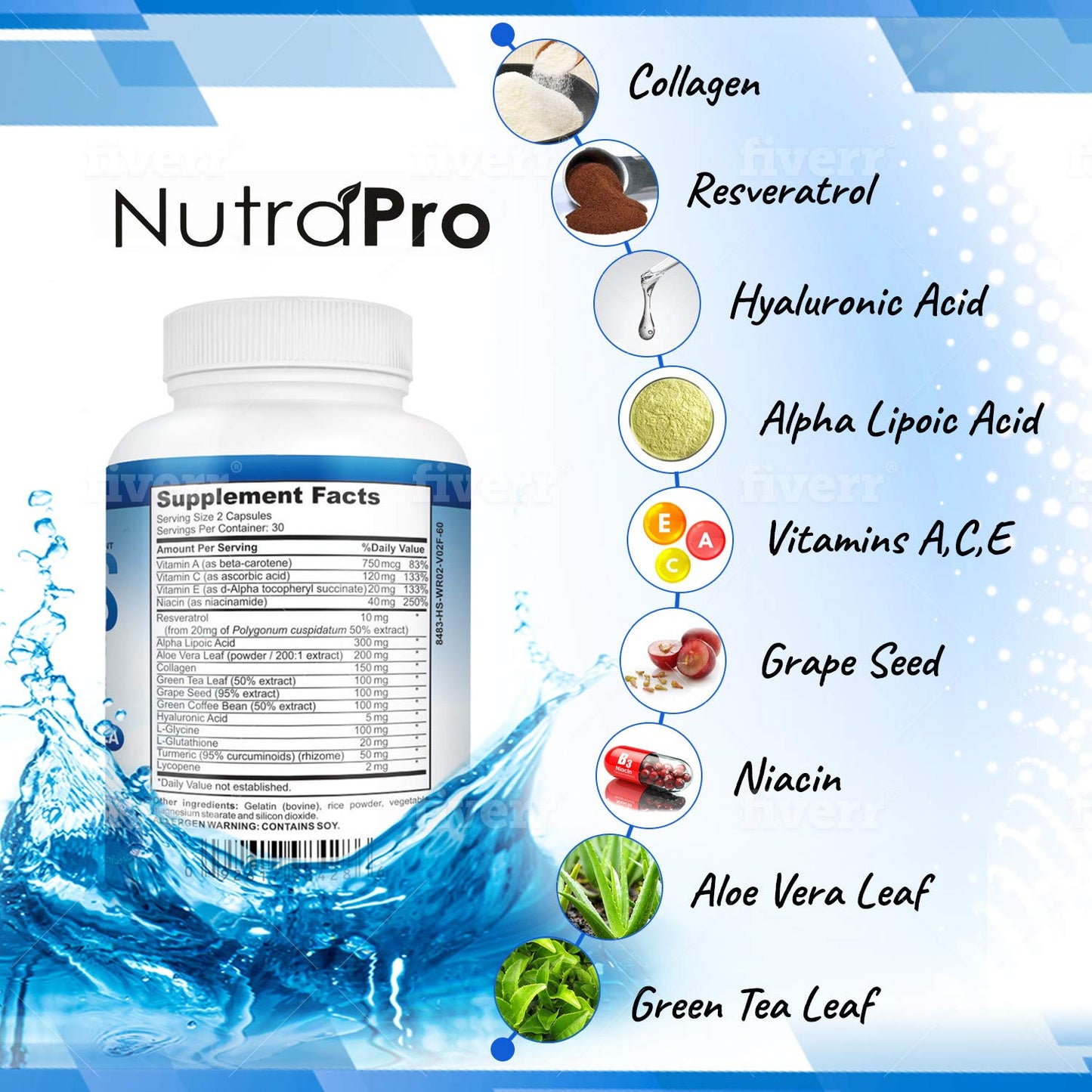 NutraPro Anti Wrinkle and Ageless Skin Vitamins - Dermal Repair Complex with Collagen & Resveratrol, Alpha-Lipoic Acid & Hyaluronic Acid Capsules 60 Count