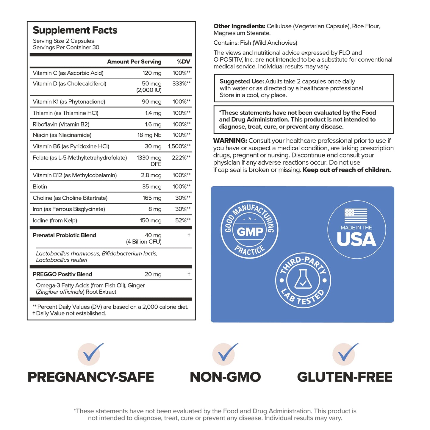 O Positiv PREGGO Prenatal + Probiotic Multivitamin Capsules, 60 Count