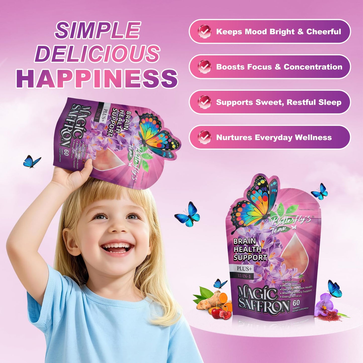 BUTTERFLY'S TEAR Saffron Gummies for Kids & Adults, 12-in-1 Saffron Supplements with 90mg Saffron Extract, Vitamin C, B6, Magnesium for Calm, Focus, Nerve, Sugar Free, Vegan, Non-GMO - Mixed Berry Flavor 60 Gummies