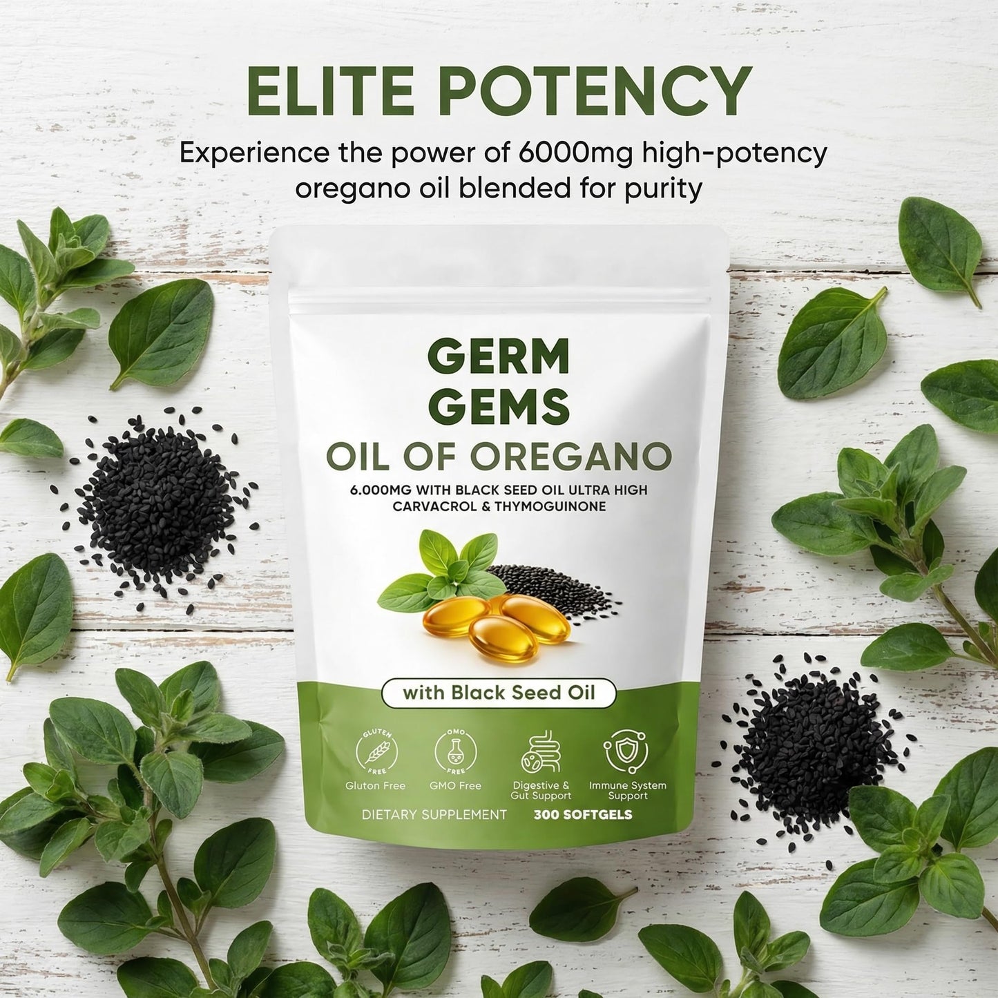 Jqewlg Germ Gems Oil of Oregano Softgels 300 Softgels