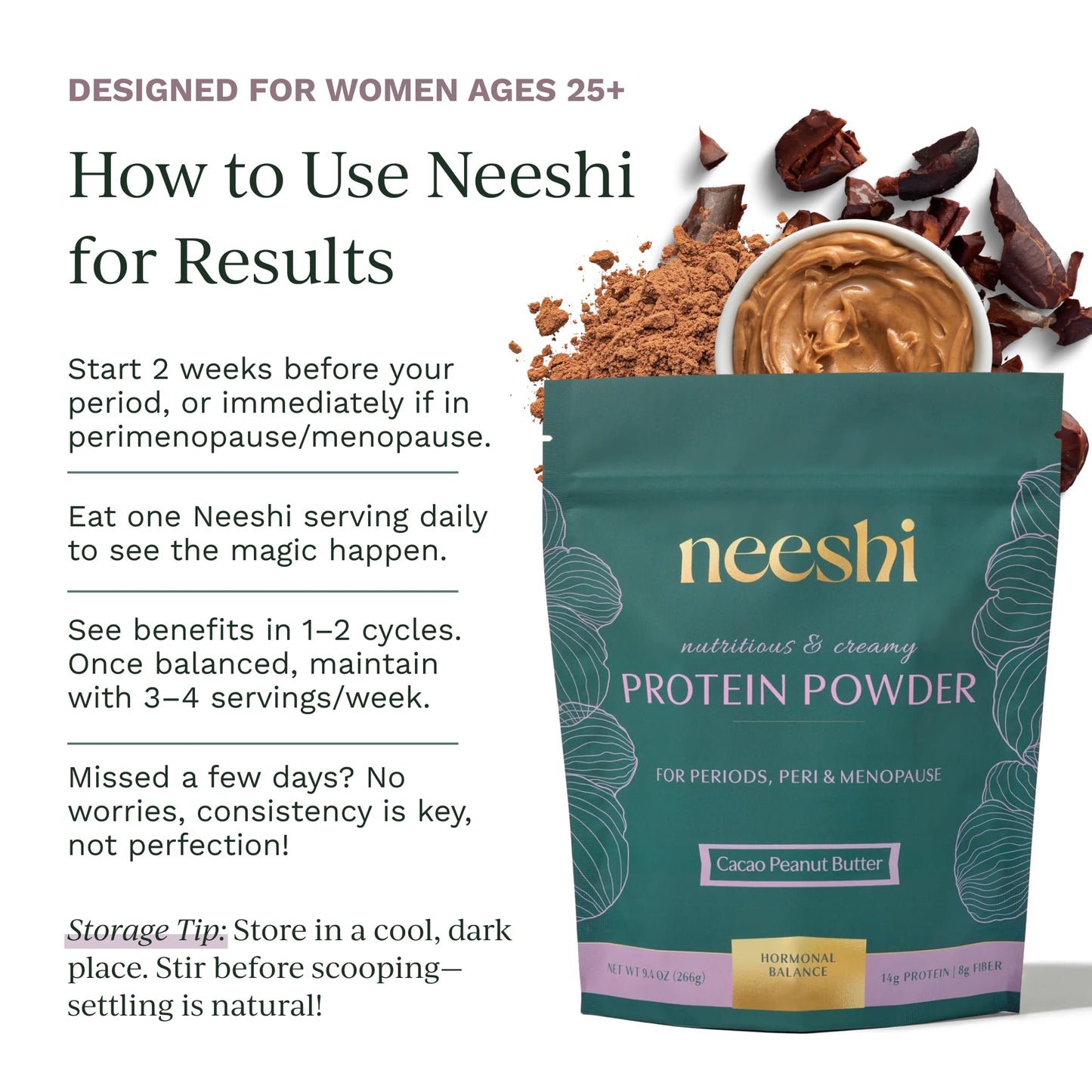 NEESHI Hormone Balance Protein Powder, Cacao Peanut Butter, 9.4