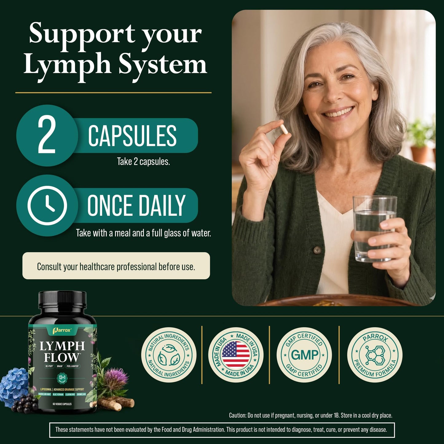 Parrox Liposomal Lymphatic Drainage Supplement, Cleavers & Dandelion, 60 Capsules
