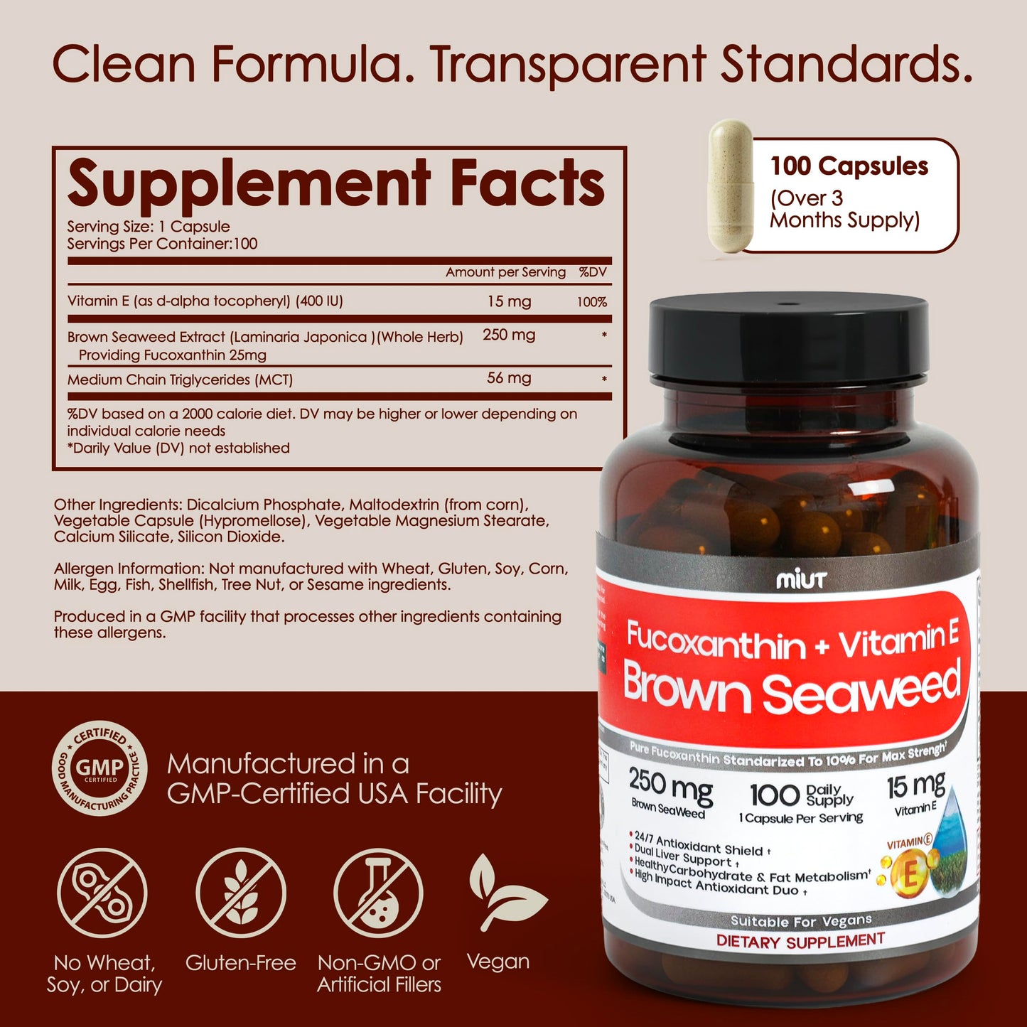 MIUT Fucoxanthin Brown Seaweed Extract Supplement 250mg - 10% Standardized Fucoxanthin with Vitamin E & MCT Oil, Non-GMO, Capsules, 100 Count