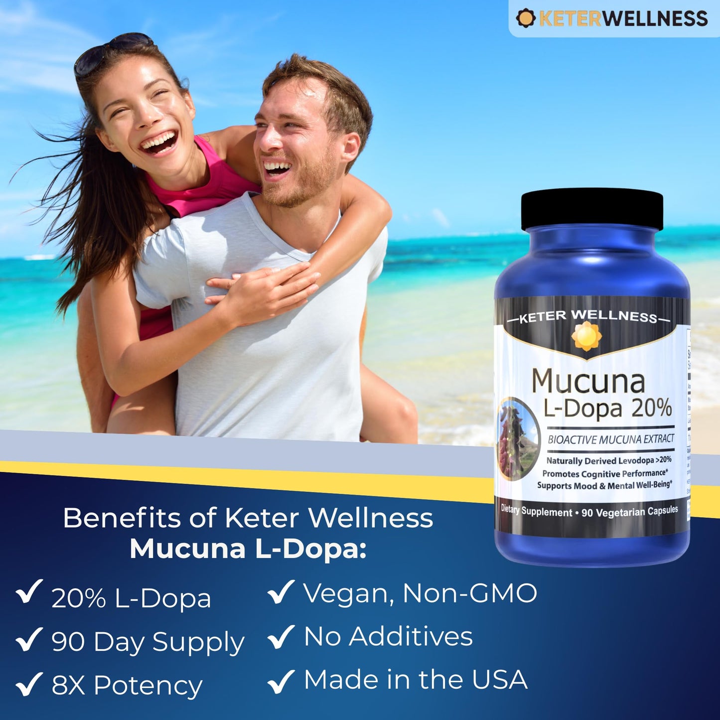 Keter Wellness Mucuna Pruriens 20% L-Dopa – Standardized Velvet Bean Extract for Natural Dopamine, Focus & Mood Support – Pure 20:1 Concentrated Herbal Supplement – Vegan, Non-GMO, 90 Capsules