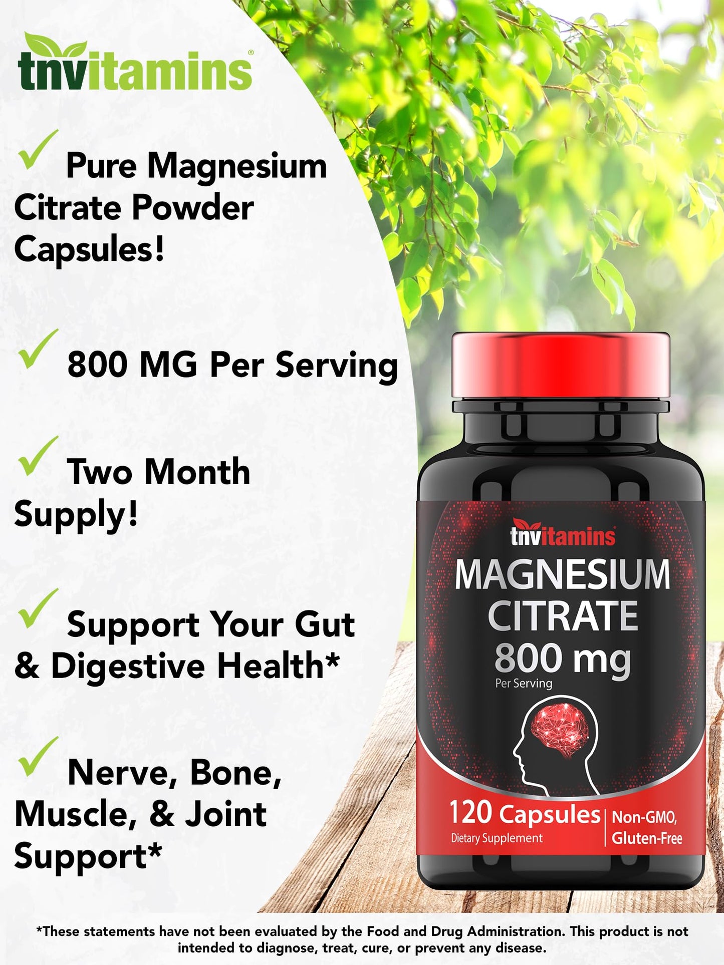 TNVitamins Magnesium Citrate 800 mg Capsules, 120 Count