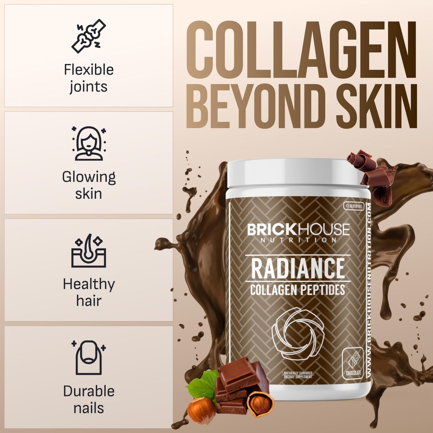 BRICKHOUSE NUTRITION Radiance Collagen Peptides Powder with Hyaluronic Acid, 14 oz