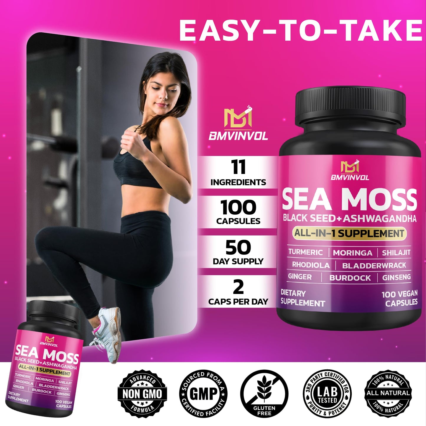 BMVINVOL Sea Moss Black Seed Shilajit Ashwagandha + Bladderwrack, Ginger, Moringa, Turmeric, Burdock, Ginseng, Rhodiola Rosea, 100 Capsules