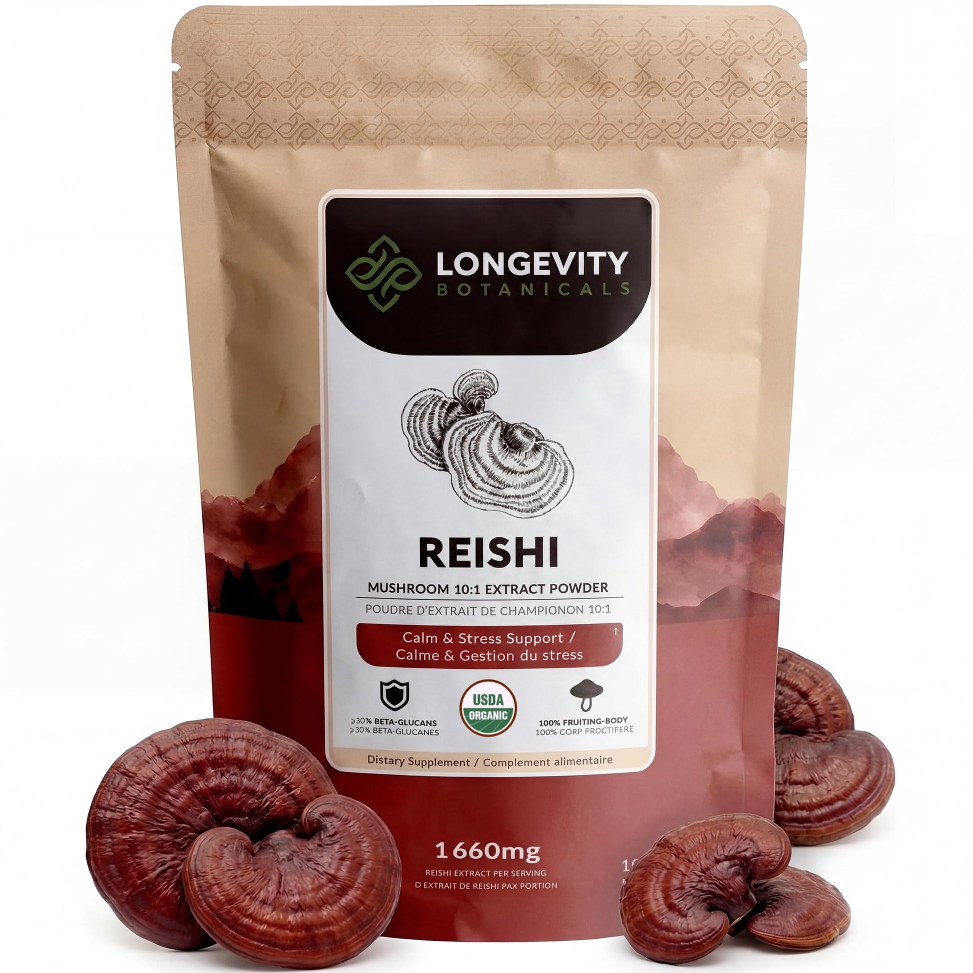 Longevity Botanicals Organic Reishi Mushroom Powder Supplement, 3.53 oz