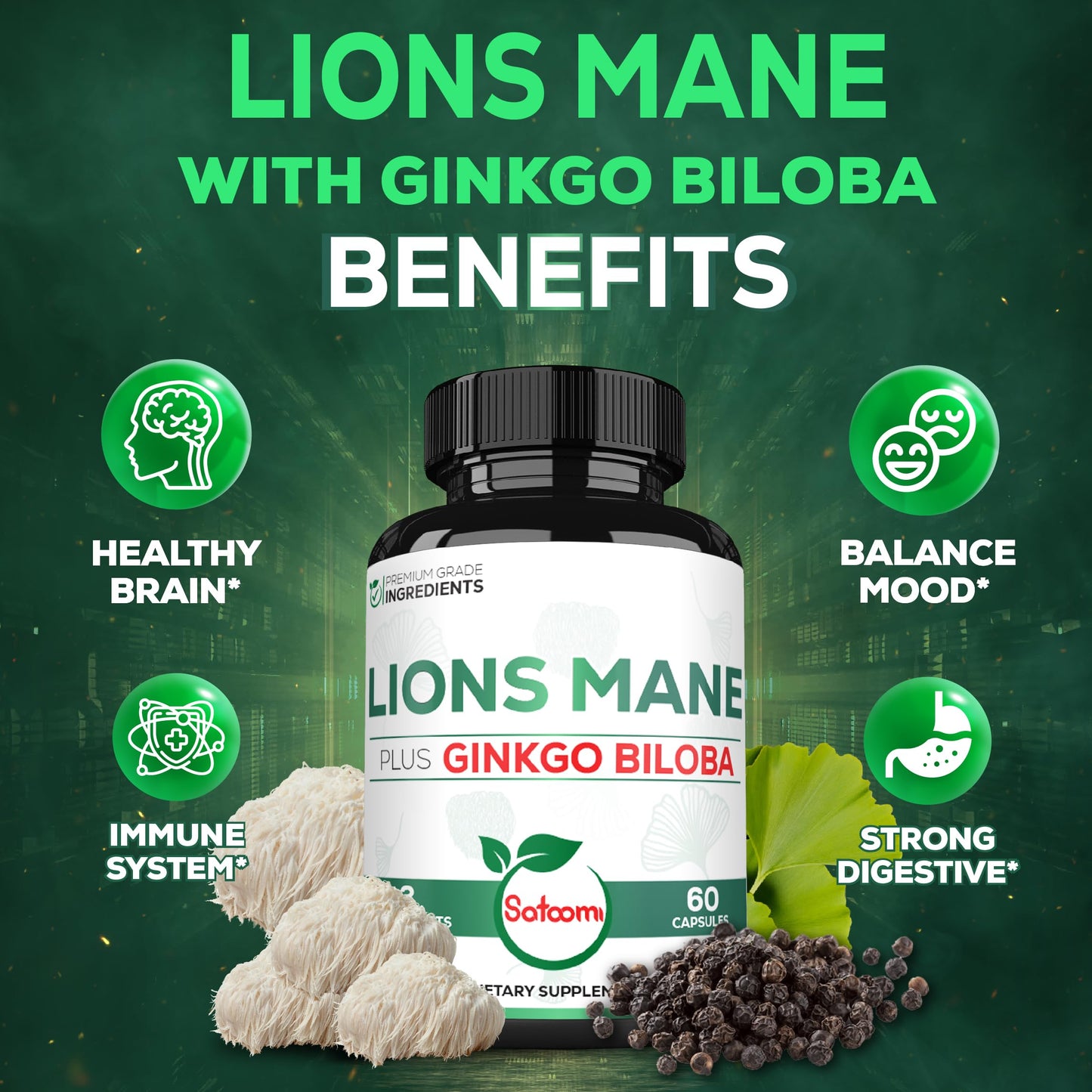 Satoomi Lions Mane with Ginkgo Biloba Supplement Capsule, 60 Count