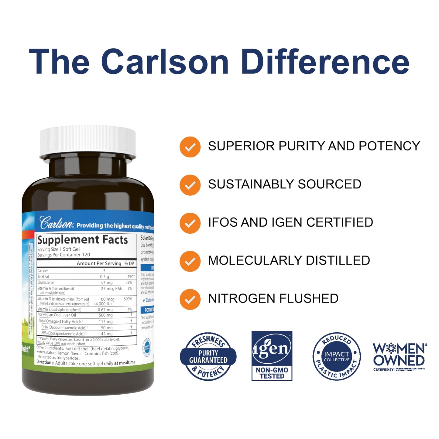 Carlson Solar D Gems Vitamin D3 and Omega-3 Softgels 120