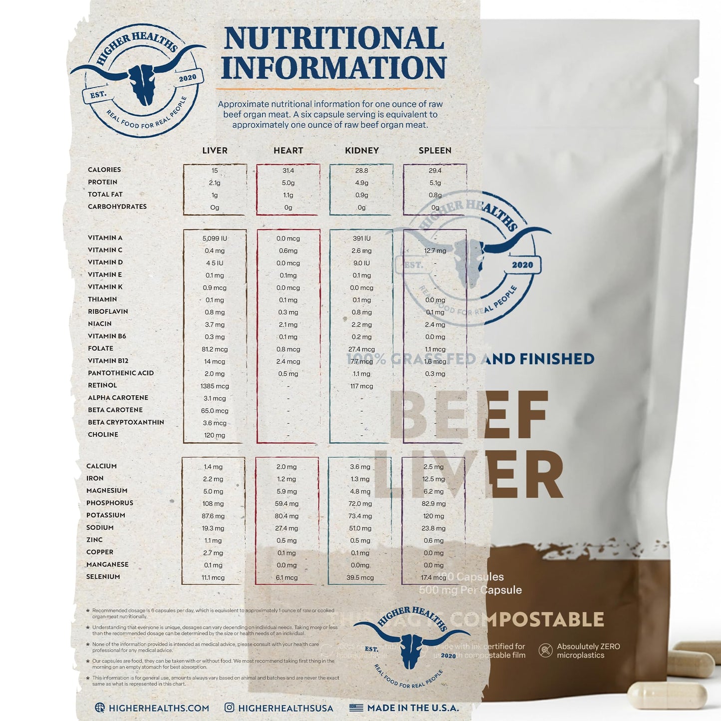 Higher Healths 100% Grass Fed Beef Liver Capsules 180 Count