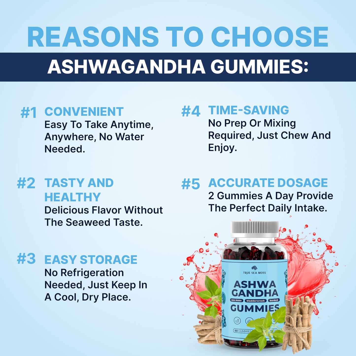 TrueSeaMoss Sea Moss Gummies with Ashwagandha, Burdock Root & Bladderwrack – Fruity Flavor, 60 Gummies