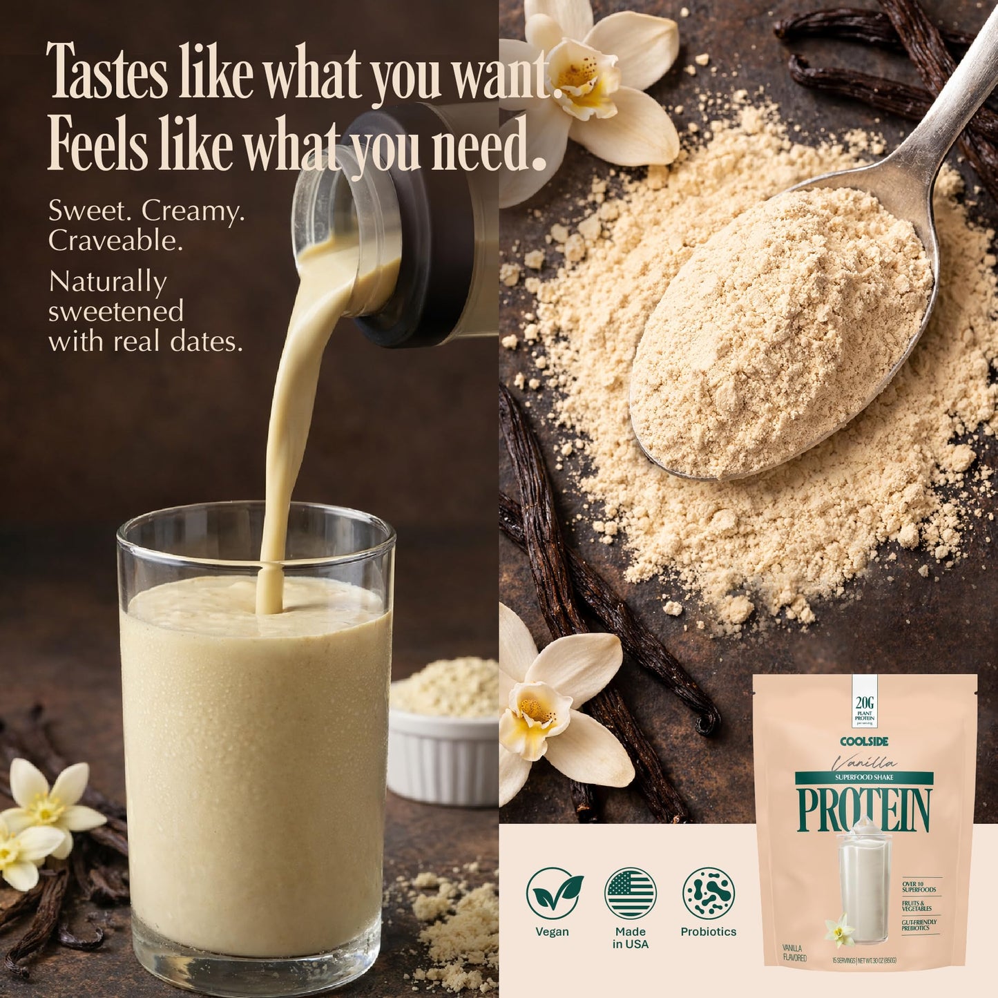 Coolside Clean Plant Based Protein Powder, Probiotics | Vanilla | 30 Servings