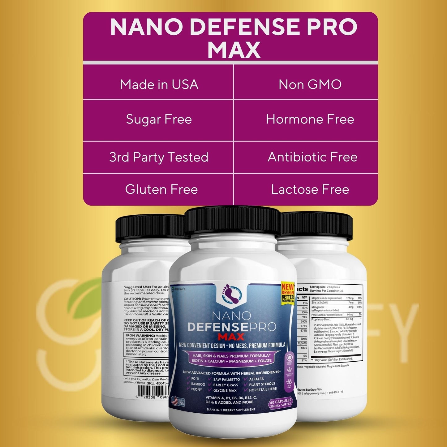 GREENVIFY Nano Defense Pro Max Hair Skin and Nails Supplement Biotin Calcium Magnesium Complex Capsule 180