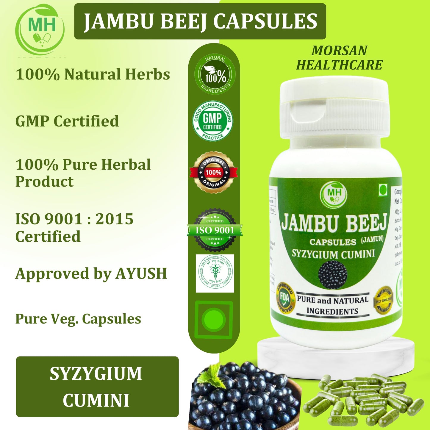 Generic Jambu Beej (Syzygium cumini) Capsules, 240 Capsules