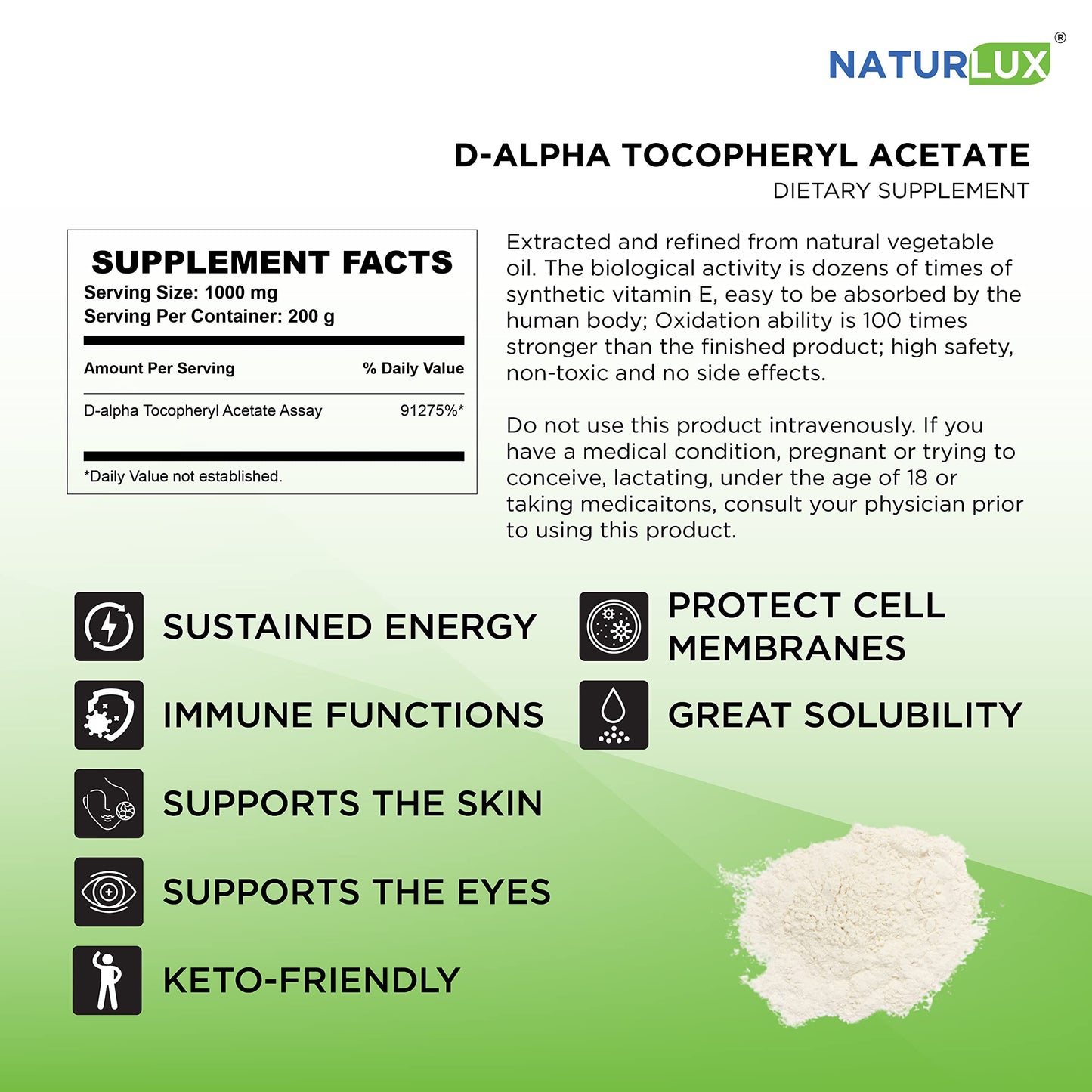 Naturlux D-Alpha Tocopheryl Acetate Vitamin E Vegetarian Capsules, 7.05 Ounce (Pack of 1)
