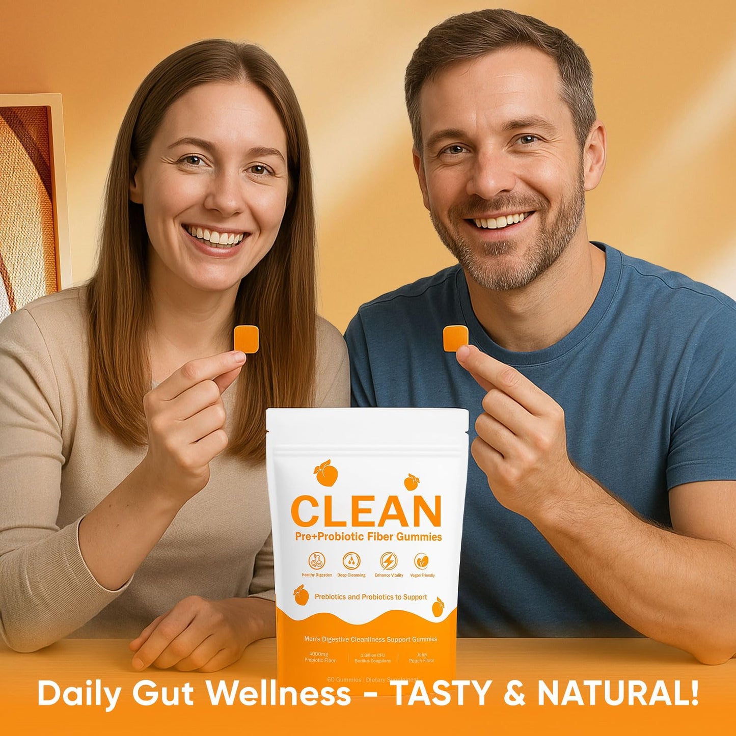 VCFBBG Clean Prebiotic Fiber Gummies for Men, Peach Flavor, Sugar-Free Pre+Probiotic Fiber Gummies, Gut Health & Digestive Support, 4 Gummies