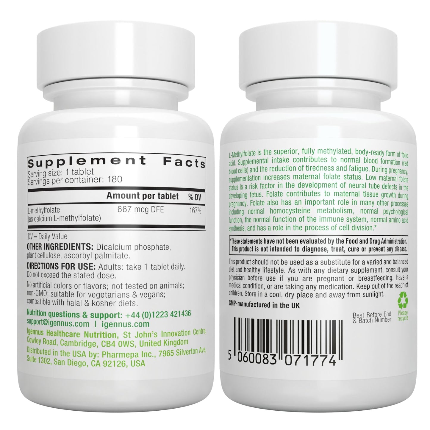 Igennus Healthcare Nutrition Pure Methyl Folate 400 mcg Tablets, 180 Count