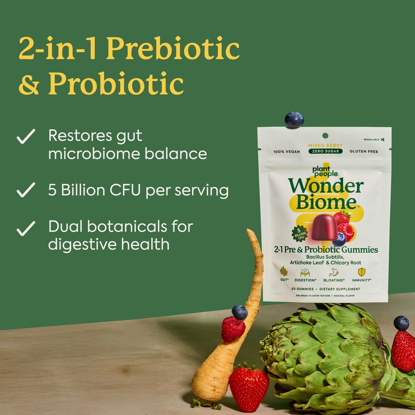 Plant People WonderBiome 2-in-1 Prebiotic + Probiotic Gummies, 60 Count
