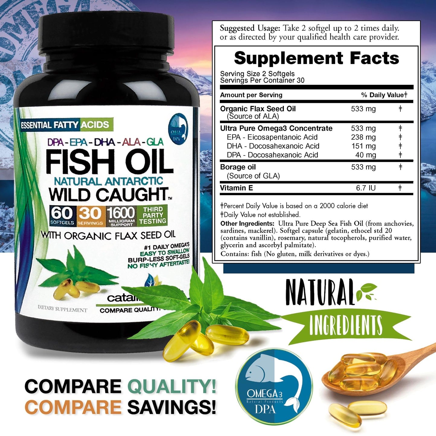 Catalina Naturals Triple Strength Fish Oil Wild Caught Antarctic Omega-3-6-9 Ultra Pure with EPA-DHA-DPA-GLA-ALA, Organic Flax Seed Oil, Light Vanilla Flavor Softgels 60 Count