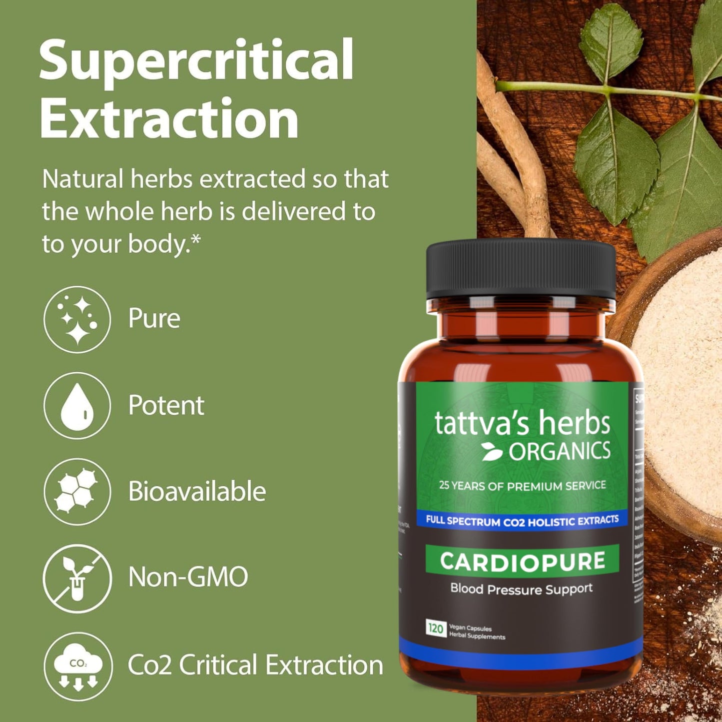 Tattva's Herbs Cardiopure Herbal Ayurvedic Supplement with Ashwagandha, Rauwolfia, & Arjuna Full Spectrum CO2 Extracts Capsules, 120 Count