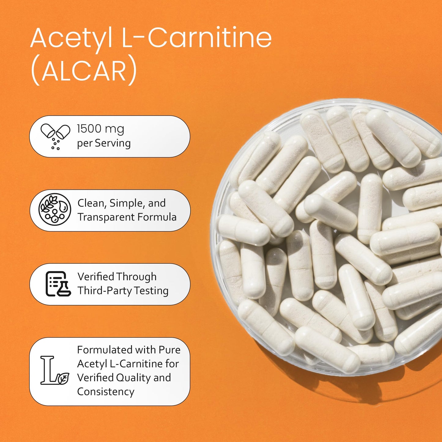 NaturaLife Labs Acetyl L-Carnitine (ALCAR) 1500 mg per Serving, 100 Capsules