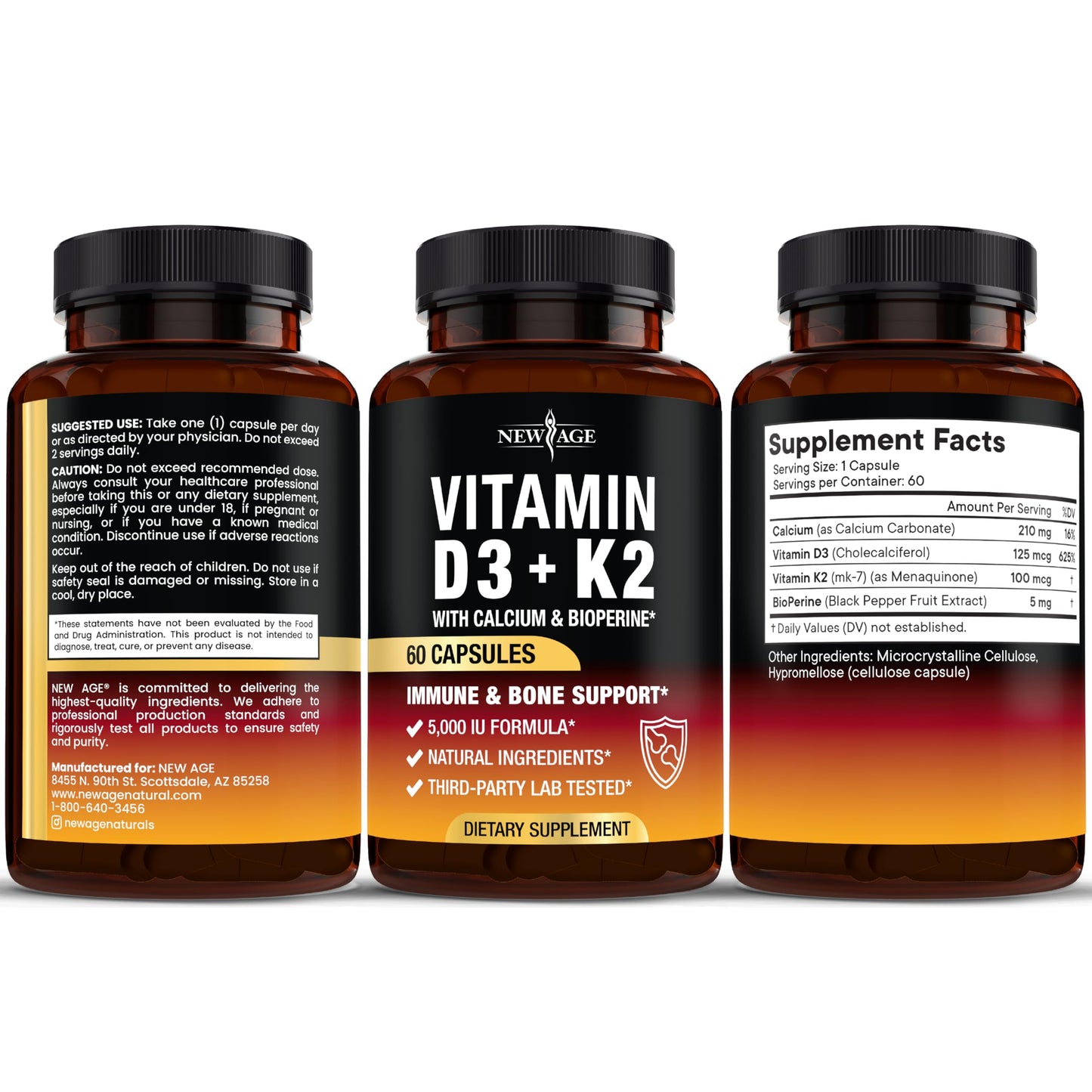 NEW AGE Vitamin D3 5,000 IU + K2 MK-7 100 mcg 2-in-1 Bone, Immune & Heart Support, 180 Capsules