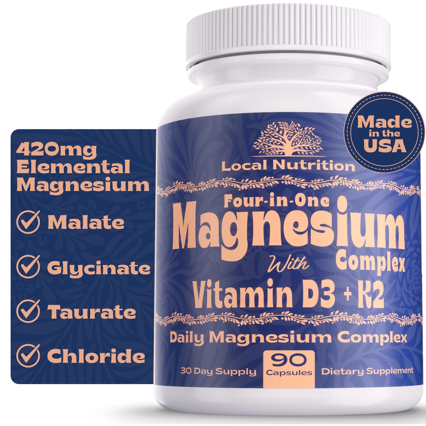 Local Nutrition Magnesium Complex 420mg with Vitamin D3 K2 - Four Bioavailable Forms Including Bisglycinate (Glycinate), Malate, Taurate, and Chloride for Superior Absorption - 90 Capsules