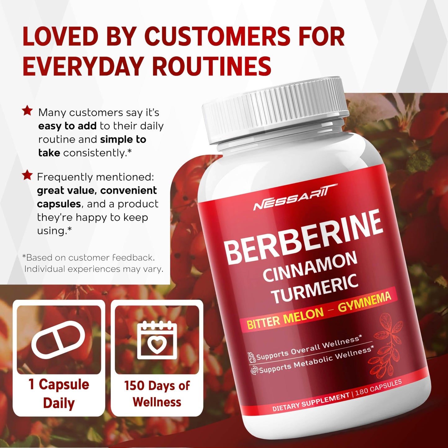 NESSARIT Berberine, Cinnamon, Turmeric, Bitter Melon & Gymnema Heart & Metabolic Health Capsules, 180 Count