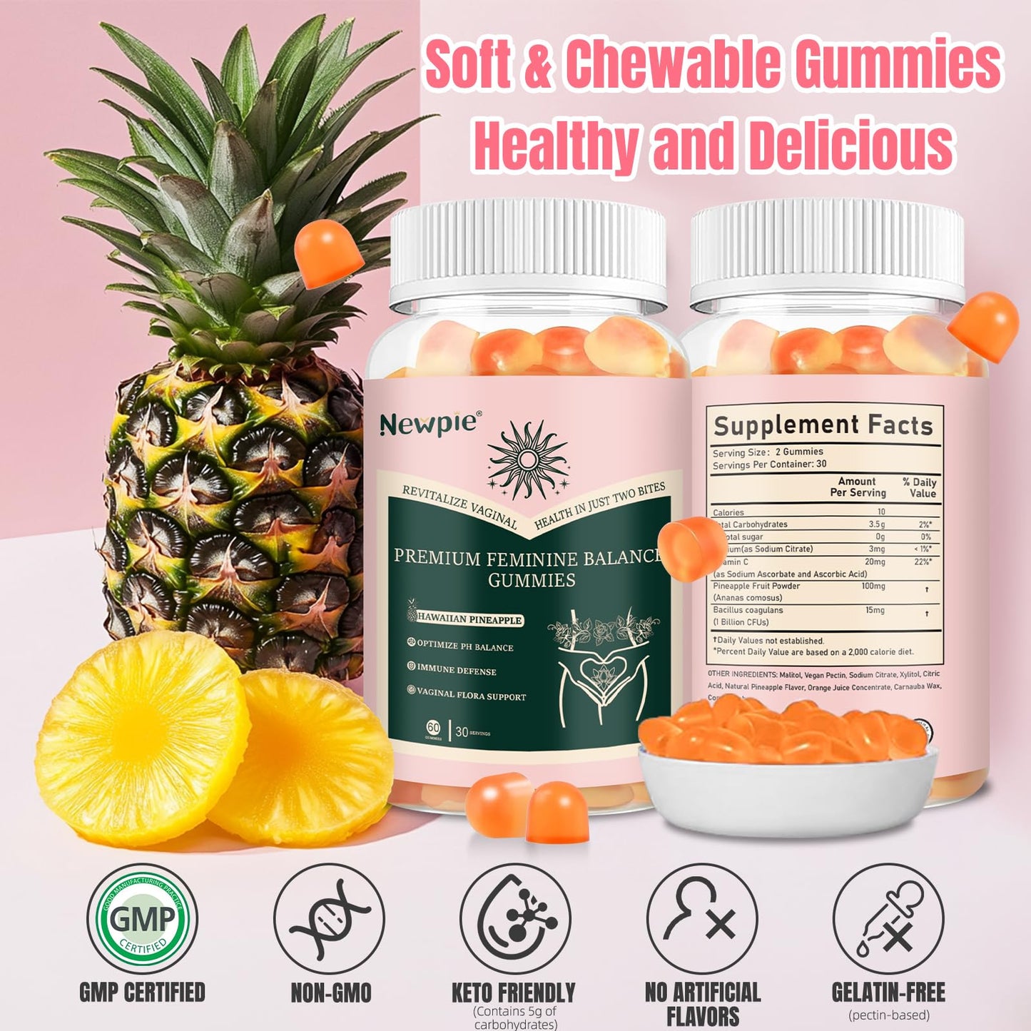 Blltzzz Premium Feminine Balance Gummies for Women Pineapple pH Health Immune Support Vegan, Gluten-Free & Halal, 60 Gummies