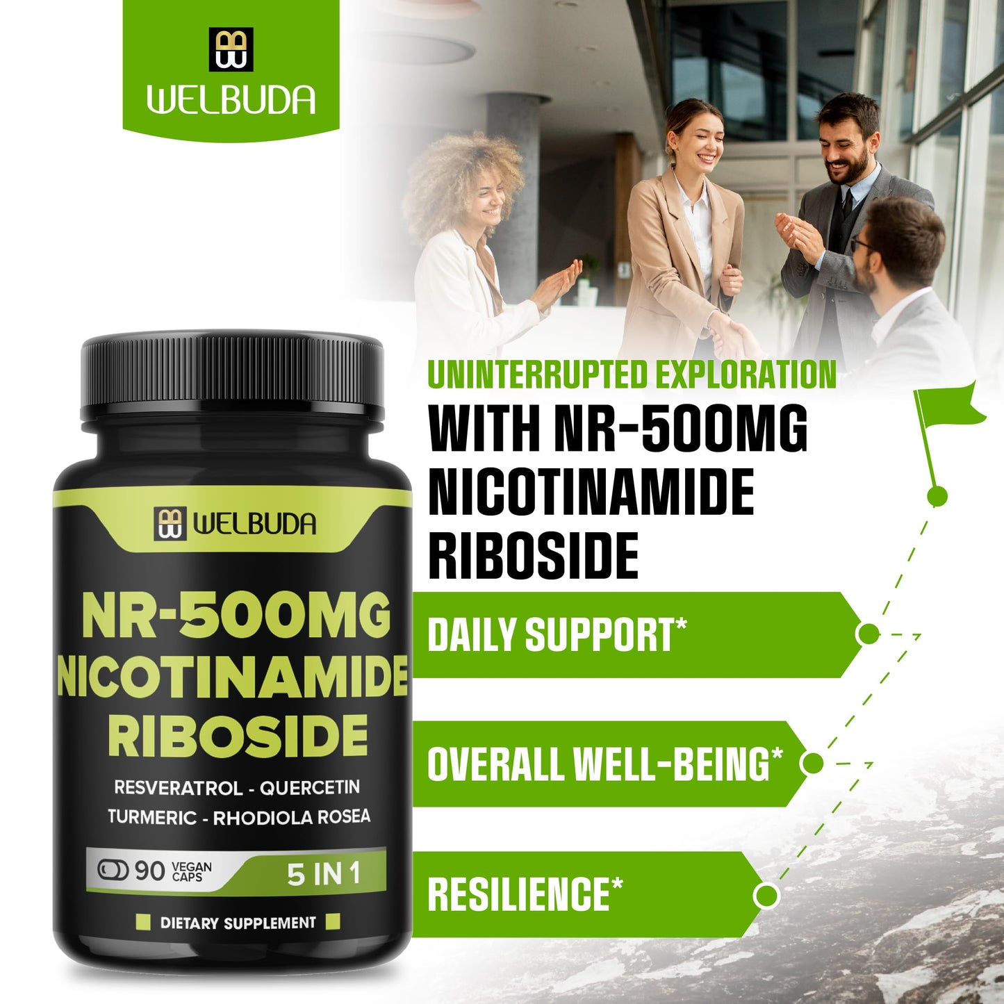 WELBUDA 5in1+ Nicotinamide Riboside Supplement with Resveratrol, Quercetin, Turmeric, Rhodiola Rosea Capsule, 90 Count