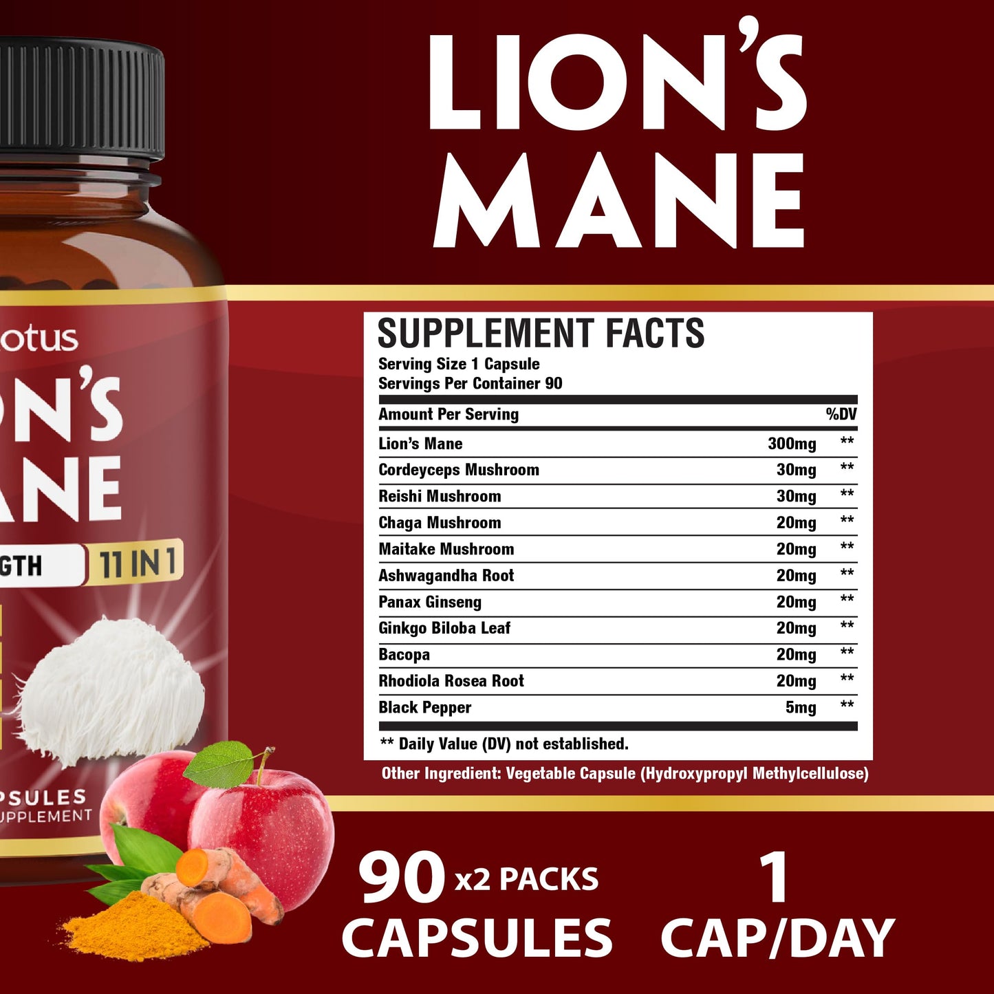 Zolotus Lions Mane Mushroom Supplement with Cordeyceps, Reishi, Ashwagandha, Focus, Memory and Brain Support, Immune Support, Energy - Capsules, 180 Count