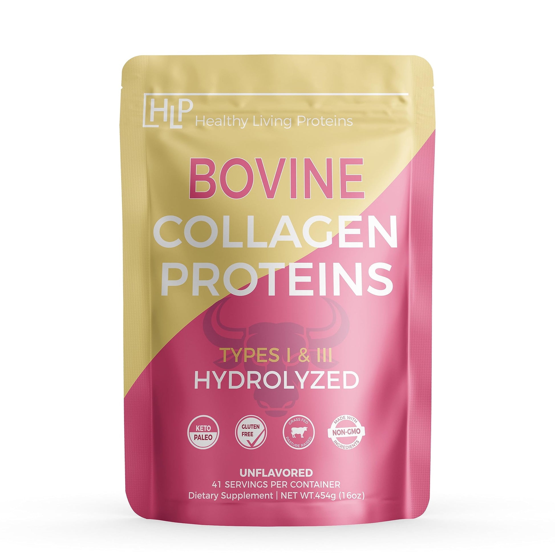 HLP Healthy Living Proteins Hydrolyzed Bovine Collagen Type I & III Powder, Unflavored, 16 oz