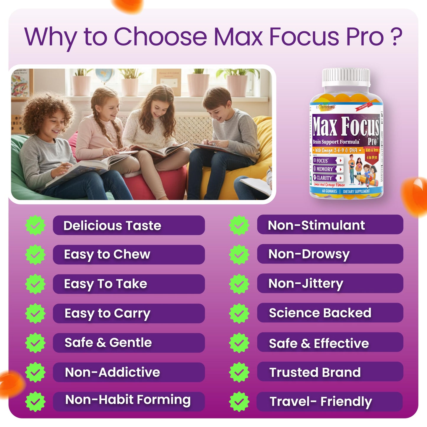 Therefore Max Focus Gummies with Omega-3 DHA for Kids & Teens, 60 Gummies