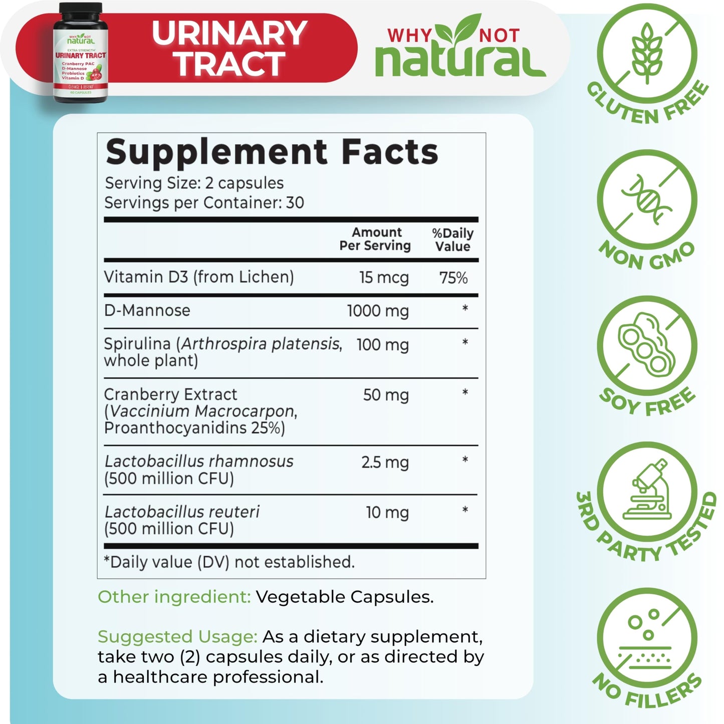 Why Not Natural 5-in-1 UTI Pills with D Mannose, Cranberry PAC Extract, Probiotics and Vitamin D Urinary Health Formula Capsule, 60 Count