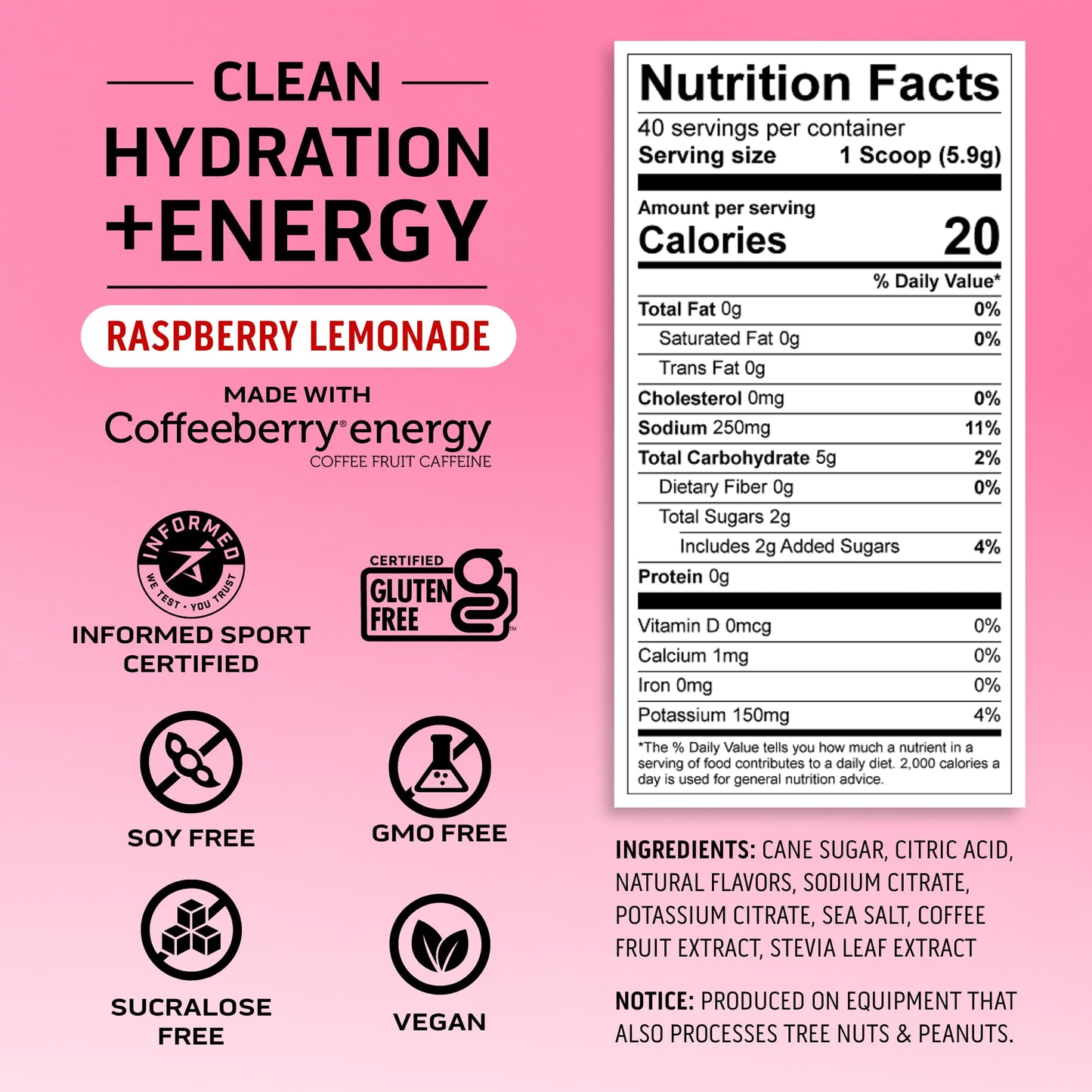 Ascent Clean Hydration + Energy Electrolytes Powder 8.32 Ounce, 40 Servings
