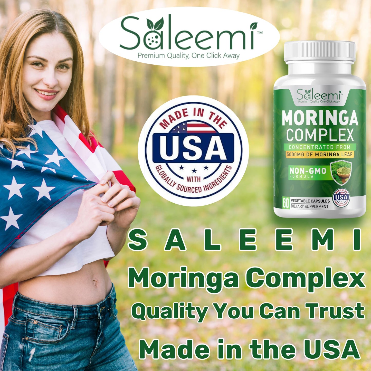 SALEEMI Moringa Capsules – Premium Moringa Oleifera Leaf & Seed Extract, Green Superfood for Energy, Immunity & Vitality, Plant-Based & Non-GMO, 60 Vegan Capsules