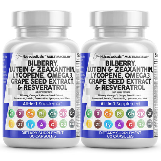 Clean Nutraceuticals Eye Vitamins with Bilberry, Lutein & Zeaxanthin, Lycopene 40mg, Resveratrol, Grape Seed, Astaxanthin - Eye Care Health Support, 60 Capsules