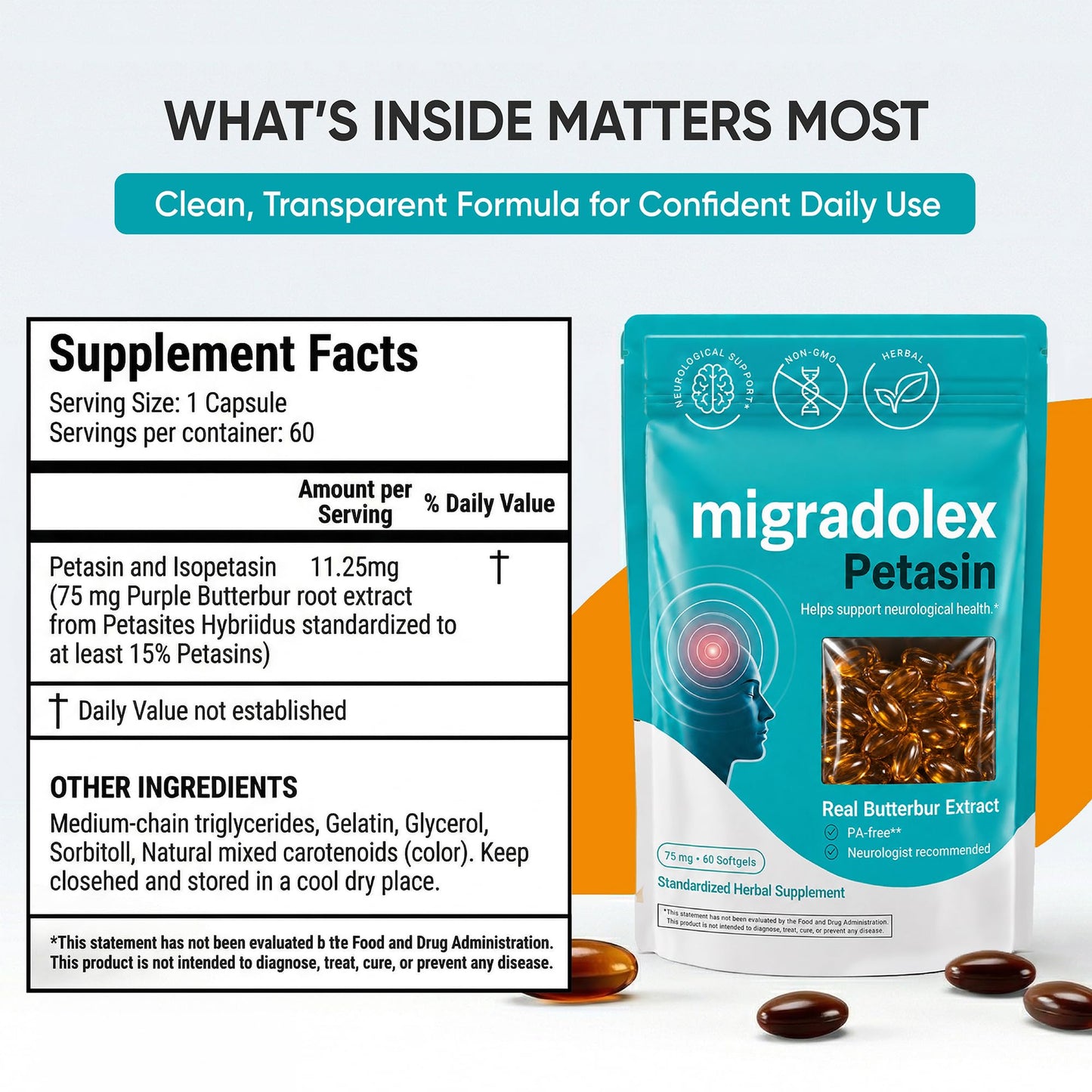 Migradolex Petasin 75 mg Patented Butterbur Extract PA-Free Standardized 15% Petasins (Petasin & Isopetasin) Migraine & Head Comfort Support High Bioavailability 60 Capsules