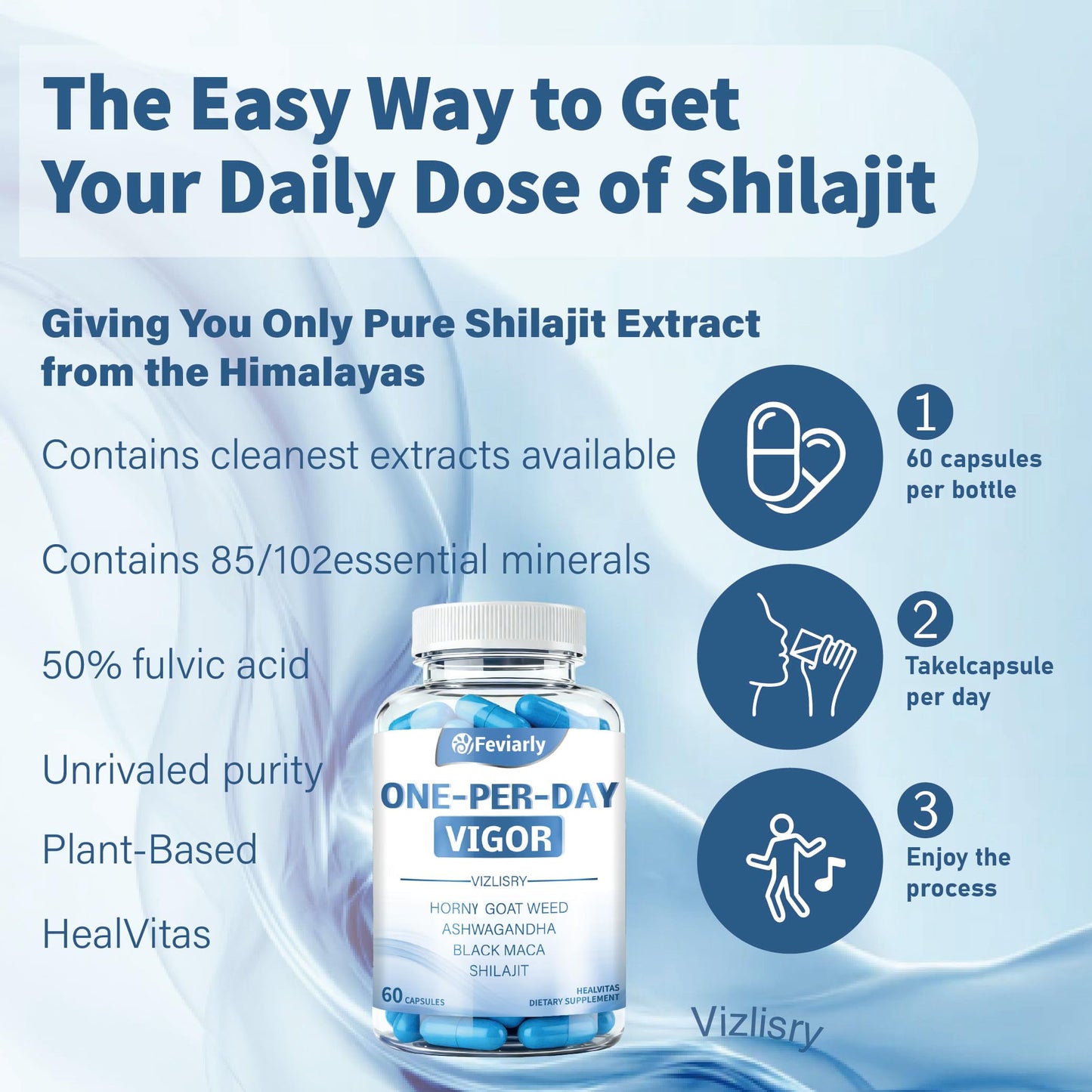 Feviarly Shilajit for Men 800mg with 1600mg Vitality Blend Capsules, 60 Count