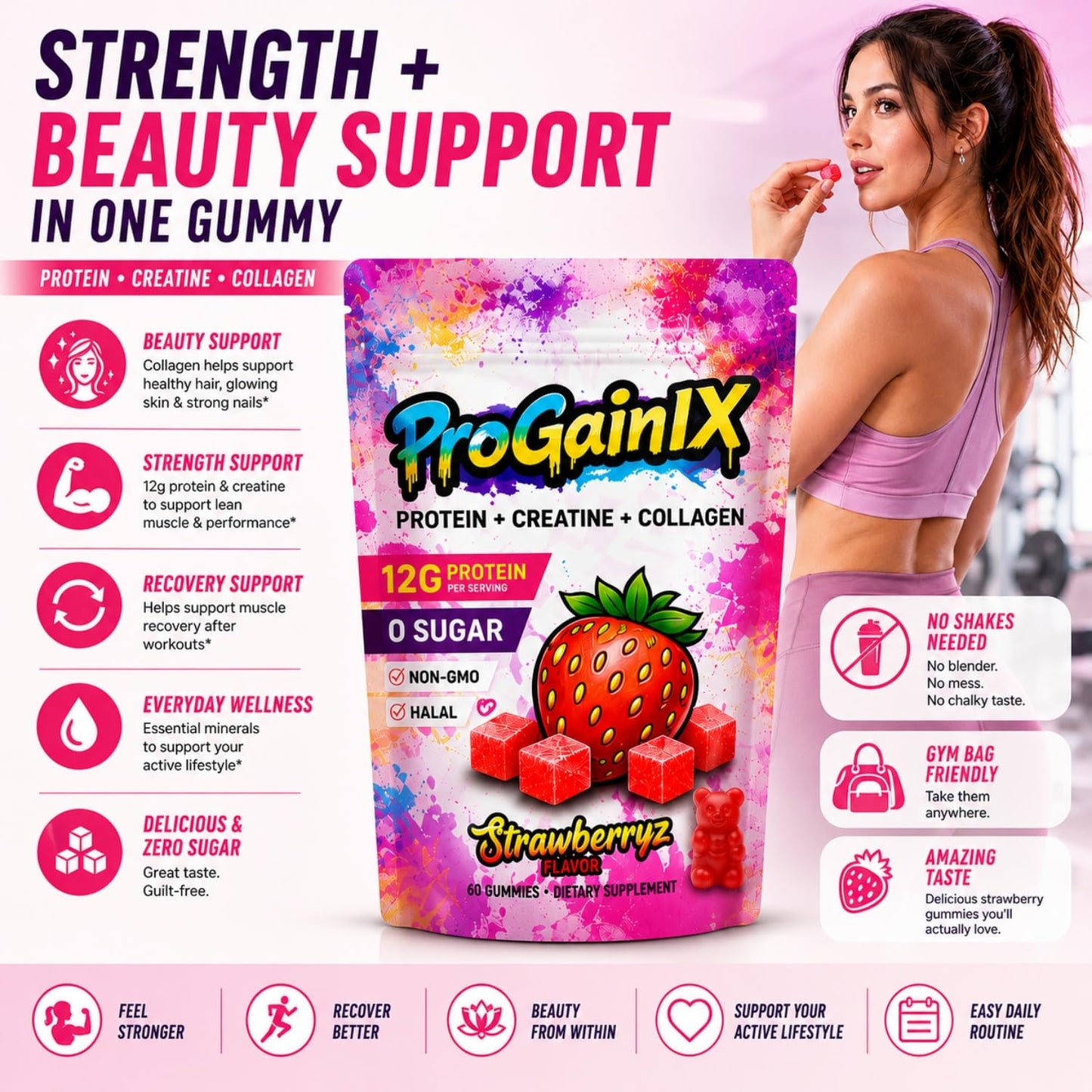 ProGainIX Protein Gummies - 3 in 1 formula with 12g Protein, Creatine Monohydrate & Collagen Peptides - Strawberry Flavor, Zero Sugar, 60 Gummies