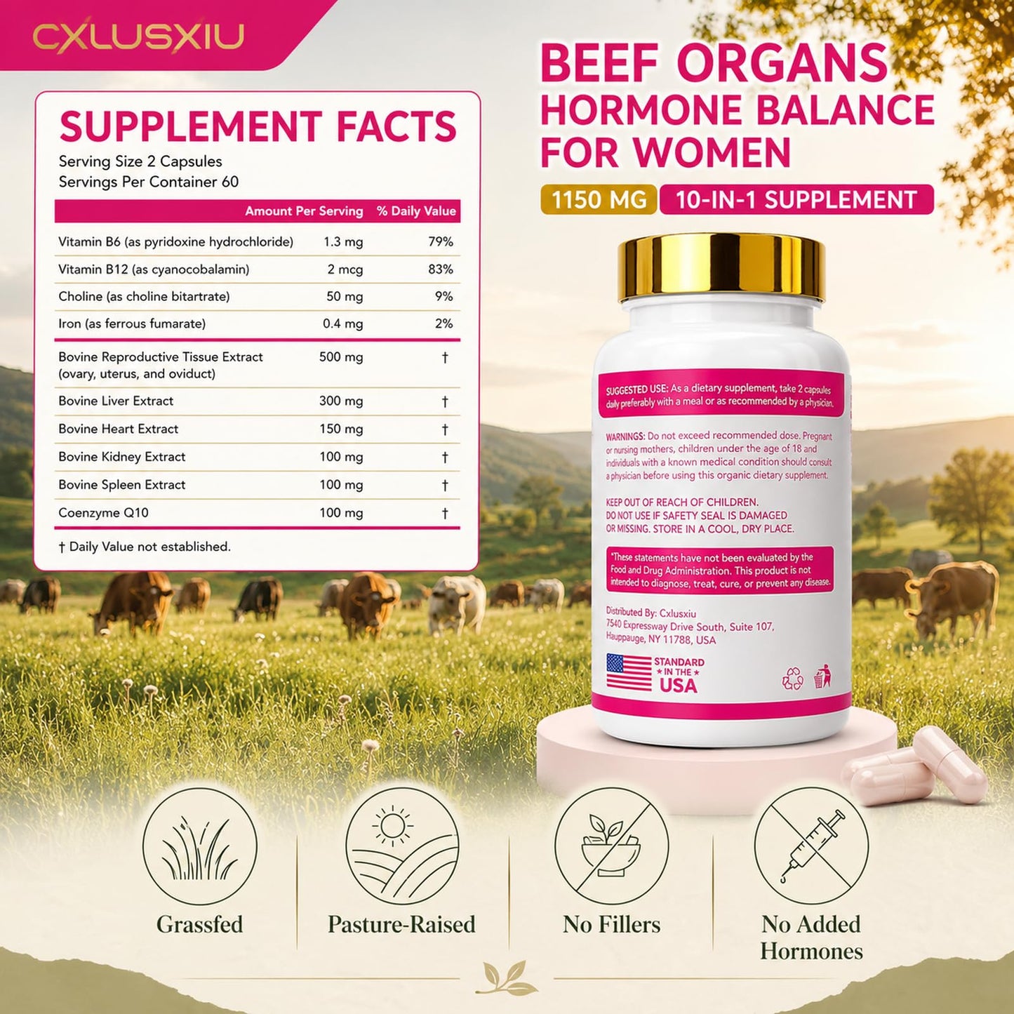 Cxlusxiu Beef Organ Capsules for Women, Grass-Fed Beef Liver, Female Glandular Support, Iron, CoQ10, Choline, B12 & B6, 120 Capsules
