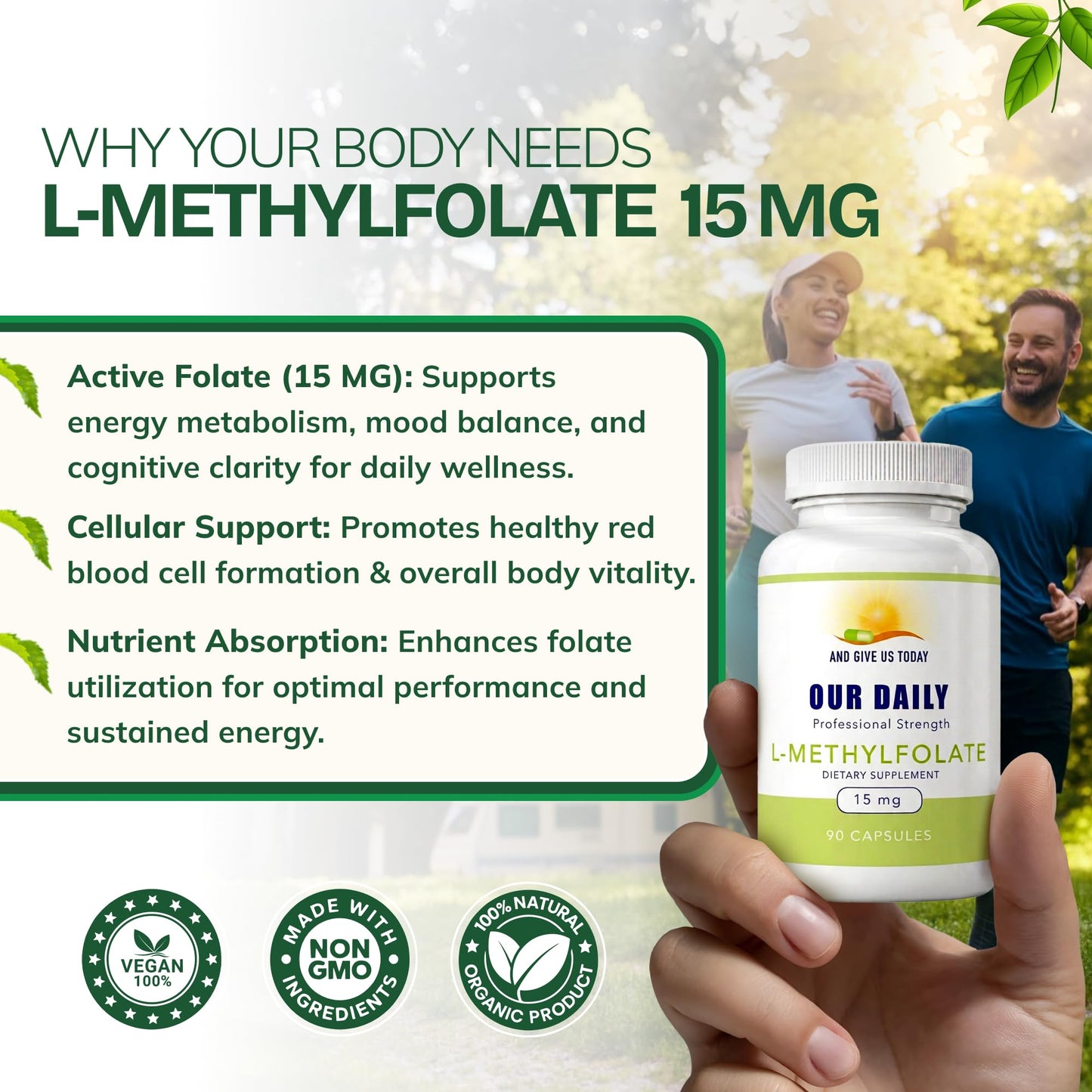 AND GIVE US TODAY OUR DAILY Our Daily Vites L-Methylfolate 15mg – Active 5-MTHF Methylated Folate Supplement for Women & Men – Methyl Folate for Brain Health, Focus & Mood Support – Gluten Free, Non-GMO, 90 Capsules