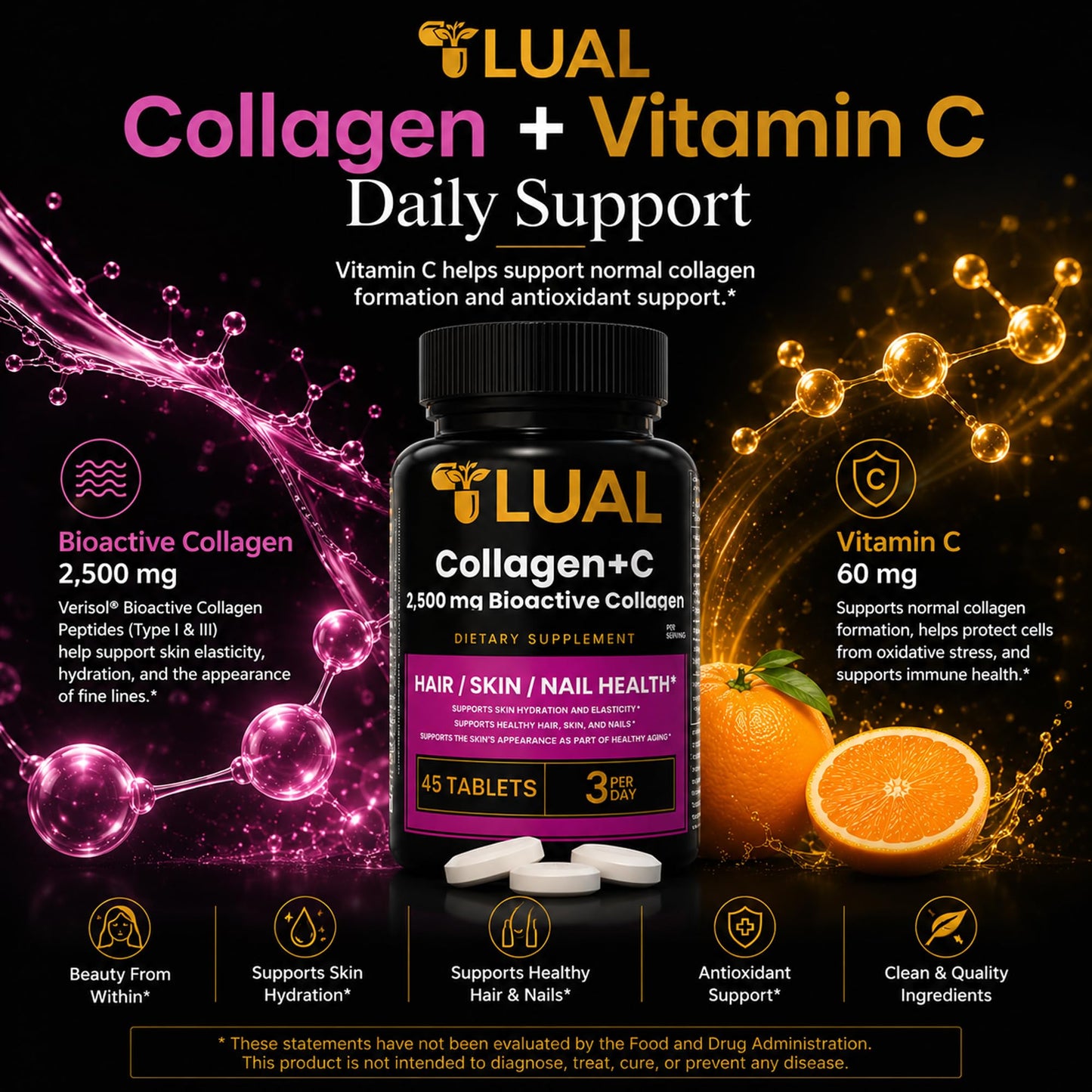 LUAL Collagen + Vitamin C Tablets, 45 Count